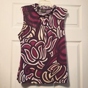 Purple and Tan Ruffled Graphic Blouse